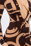 Claudette Deep V Neck Long Sleeve Brown Print Jumpsuit