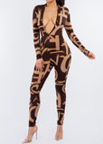 Claudette Deep V Neck Long Sleeve Brown Print Jumpsuit