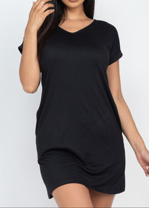 GRETA BLACK RELAXED FIT V-NECK MINI DRESS
