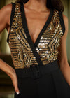 HANNAH GOLD SEQUINS PATTERN SLEEVELESS JUMPSUIT