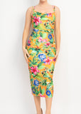 TROPICAL PARADISE ORANGE COWL NECK MIDI DRESS