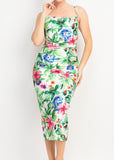 TROPICAL PARADISE OFF WHITE COWL NECK MIDI DRESS