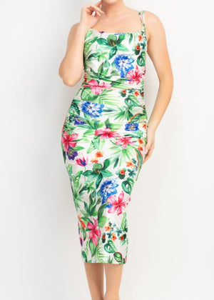 TROPICAL PARADISE OFF WHITE COWL NECK MIDI DRESS