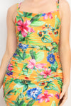 TROPICAL PARADISE ORANGE COWL NECK MIDI DRESS