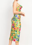 TROPICAL PARADISE ORANGE COWL NECK MIDI DRESS