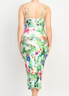 TROPICAL PARADISE OFF WHITE COWL NECK MIDI DRESS