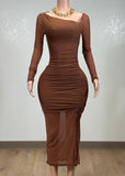 PIA MOCHA MESH RUCHED BODYCON MIDI DRESS