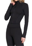 Jandi Stretchy Long Sleeve Mock Neck Zip-Up Workout Set Black