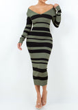 SUTTON OLIVE/BLACK LONG SLEEVE STRIPED V-NECK MIDI DRESS