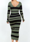 SUTTON OLIVE/BLACK LONG SLEEVE STRIPED V-NECK MIDI DRESS