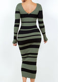 SUTTON OLIVE/BLACK LONG SLEEVE STRIPED V-NECK MIDI DRESS