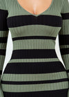SUTTON OLIVE/BLACK LONG SLEEVE STRIPED V-NECK MIDI DRESS