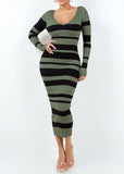 SUTTON OLIVE/BLACK LONG SLEEVE STRIPED V-NECK MIDI DRESS
