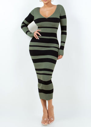 SUTTON OLIVE/BLACK LONG SLEEVE STRIPED V-NECK MIDI DRESS