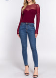 TRYNITY BURGUNDY ROUND NECK MESH TOP