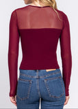 TRYNITY BURGUNDY ROUND NECK MESH TOP