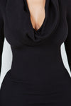 EMERSYN BLACK COWL NECK RUFFLED BOTTOM MINI DRESS
