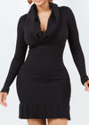 EMERSYN BLACK COWL NECK RUFFLED BOTTOM MINI DRESS