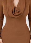 EMERSYN BROWN COWL NECK RUFFLED BOTTOM MINI DRESS