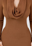 EMERSYN BROWN COWL NECK RUFFLED BOTTOM MINI DRESS