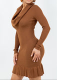 EMERSYN BROWN COWL NECK RUFFLED BOTTOM MINI DRESS