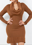 EMERSYN BROWN COWL NECK RUFFLED BOTTOM MINI DRESS