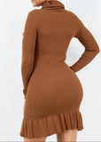 EMERSYN BROWN COWL NECK RUFFLED BOTTOM MINI DRESS