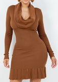 EMERSYN BROWN COWL NECK RUFFLED BOTTOM MINI DRESS
