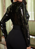 HALO BLACK SEQUINS JEWEL BUCKLE BELT LONG SLEEVE JUMPSUIT