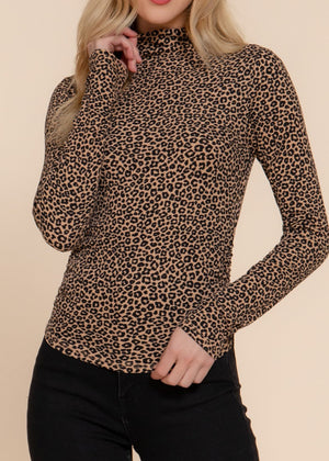 MAEVE BROWN ANIMAL PRINT LONG SLEEVE HIGH NECK KNIT TOP