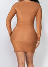 Solange Glitter Ruched Square Neck Long Sleeve Mini Dress Taupe Gold