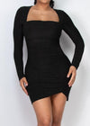 Solange Glitter Ruched Square Neck Long Sleeve Mini Dress Black