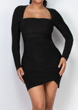 Solange Glitter Ruched Square Neck Long Sleeve Mini Dress Black