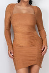 Solange Glitter Ruched Square Neck Long Sleeve Mini Dress Taupe Gold