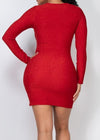 Solange Glitter Ruched Square Neck Long Sleeve Mini Dress Red