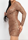 STELLA MOCHA SEQUIN WRAP LONG SLEEVE BODYCON MINI DRESS