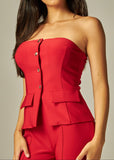 VANITY RED KNIT STRAPLESS BUTTON FRONT TUBE TOP