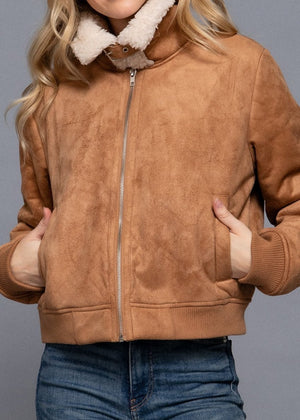 Alondra Faux Suede Inner Fur Cozy Zip Up Jacket Camel