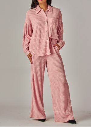 ARVIN PINK CRINKLE PLISSE BUTTON DOWN LOUNGEWEAR SET