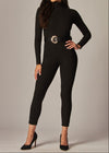 AVANI BLACK SLIM FIT RIBBED MOCK NECK BELTED CATSUIT JUMPSUIT