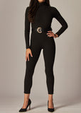 AVANI BLACK SLIM FIT RIBBED MOCK NECK BELTED CATSUIT JUMPSUIT