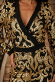 AVANI GOLD & BLACK FULL SEQUIN PRINT V NECK LONG SLEEVE JUMPSUIT