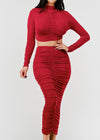 Maddie Long Sleeve Slinky shirred crop top and Midi skirt set RED