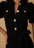 CLAIRE BLACK PUFF SHOULDER KNIT BELTED JUMPSUIT