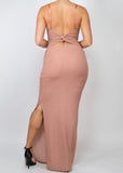 Aura Sleeveless Stretchy Knotted Back Shirred Slit Dress Champagne