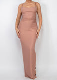 Aura Sleeveless Stretchy Knotted Back Shirred Slit Dress Champagne