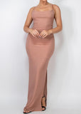 Aura Sleeveless Stretchy Knotted Back Shirred Slit Dress Champagne