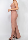 Aura Sleeveless Stretchy Knotted Back Shirred Slit Dress Champagne