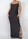 Aura Sleeveless Stretchy Knotted Back Shirred Slit Dress Black