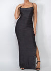 Aura Sleeveless Stretchy Knotted Back Shirred Slit Dress Black